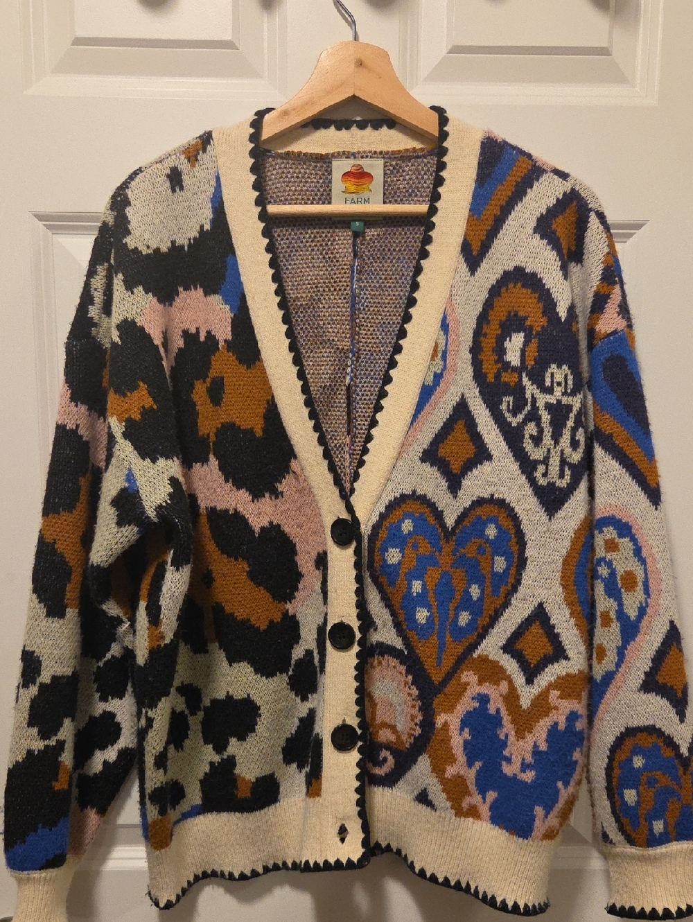 FARM Rio Cream Cardigan with Blue, Brown & Black Motifs